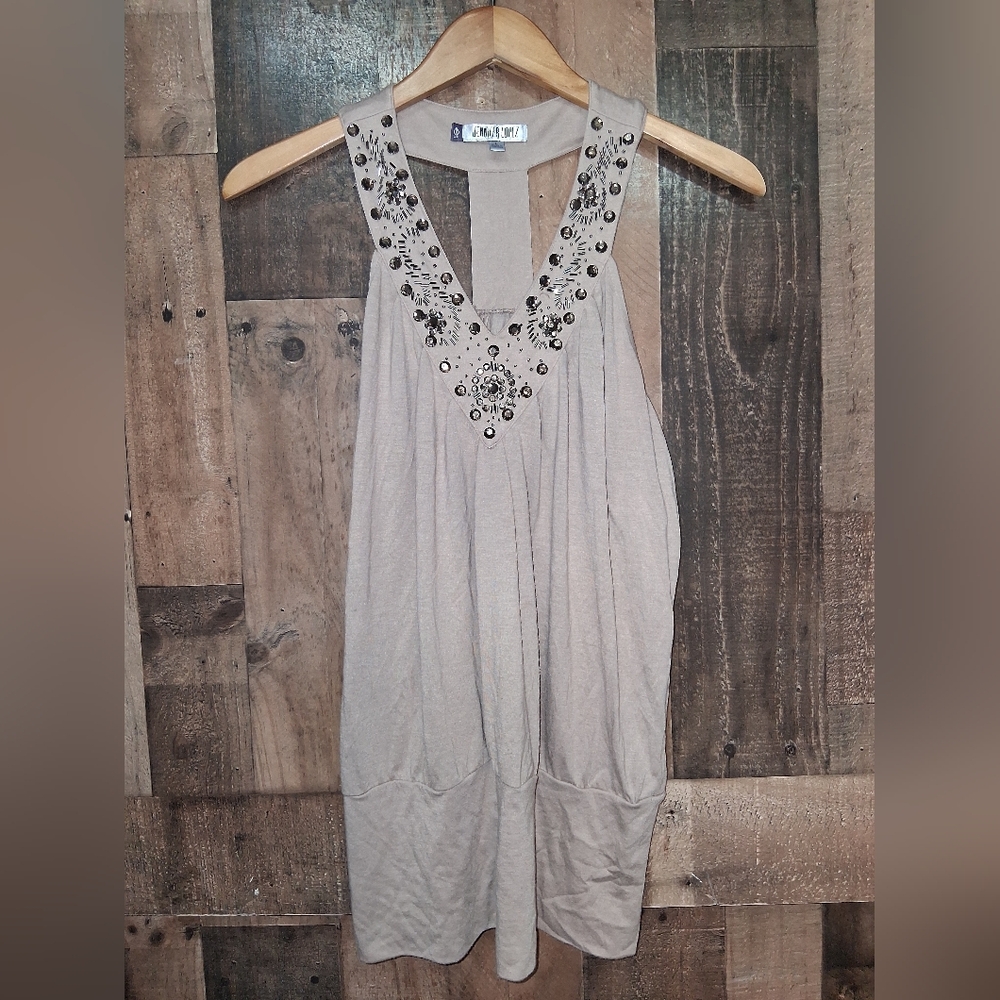 Y2k Studded Jennifer Lopez Embellished Beige Sleeveless Blouse Banded Waist Top